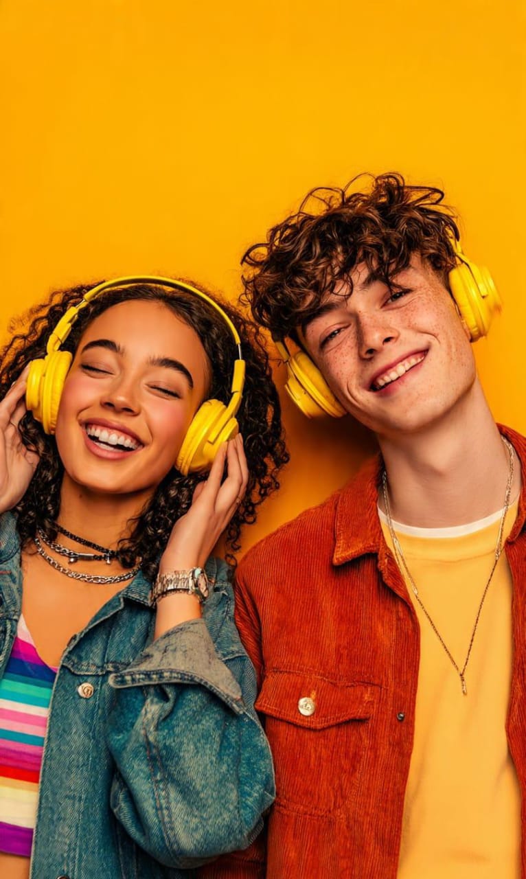 Pareja joven escucha música feliz